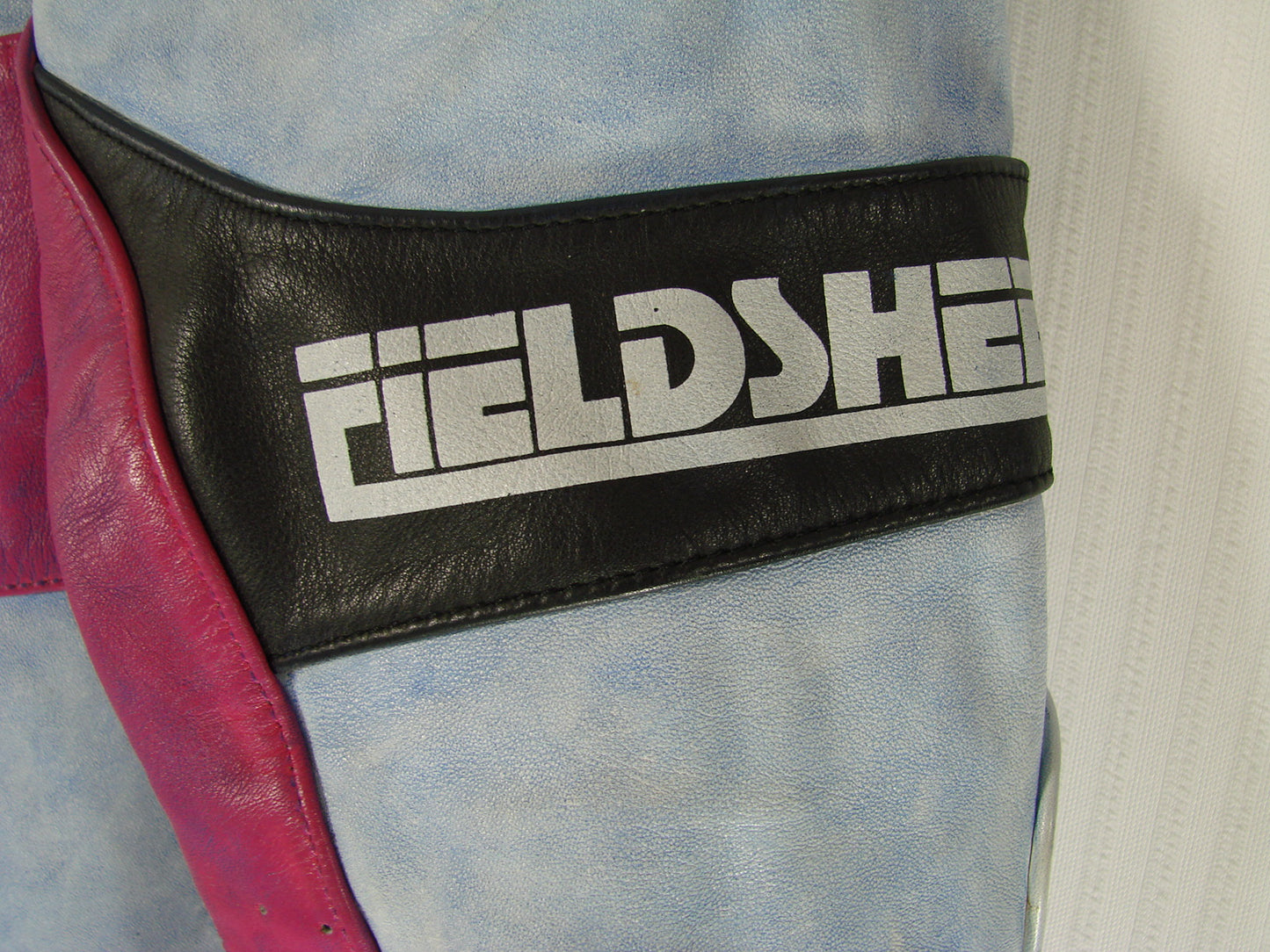 VINTAGE 80'S/90'S FIELDSHEER 2 PIECE BLUE & PURPLE LEATHER BIKER SUIT 42 INCH
