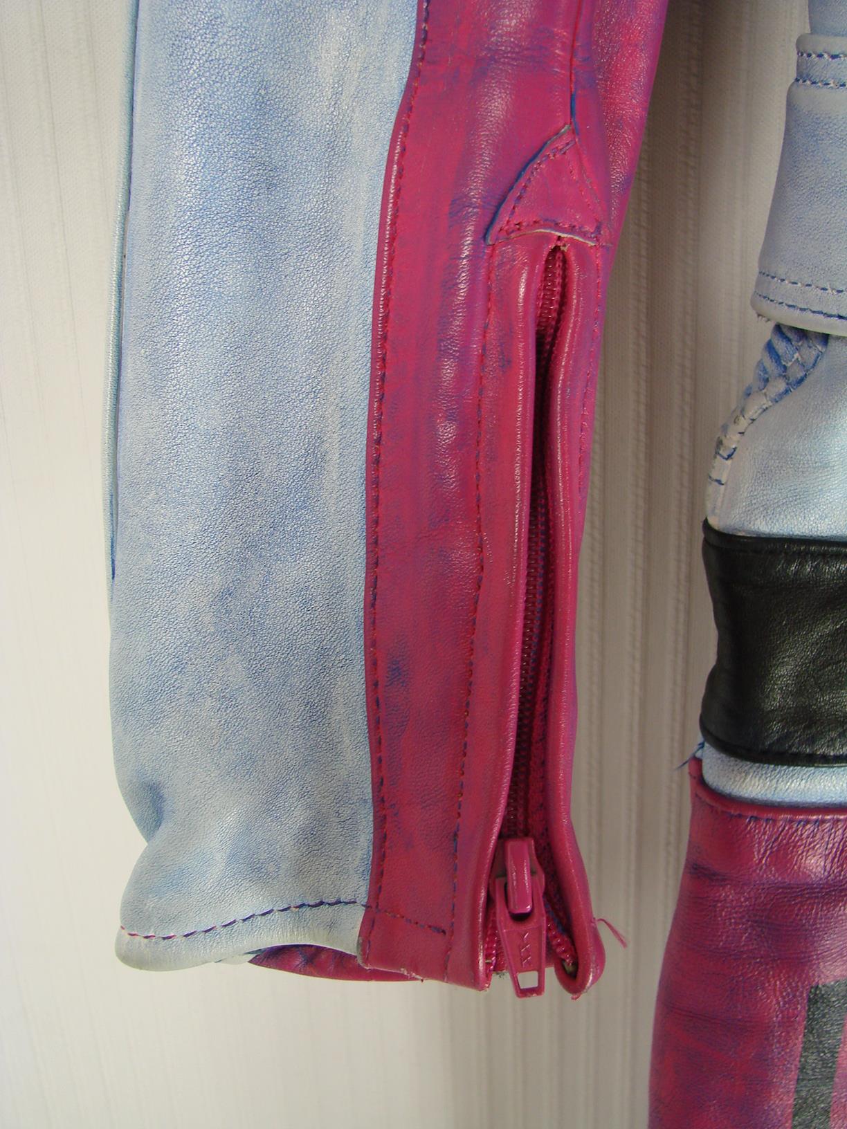 VINTAGE 80'S/90'S FIELDSHEER 2 PIECE BLUE & PURPLE LEATHER BIKER SUIT 42 INCH