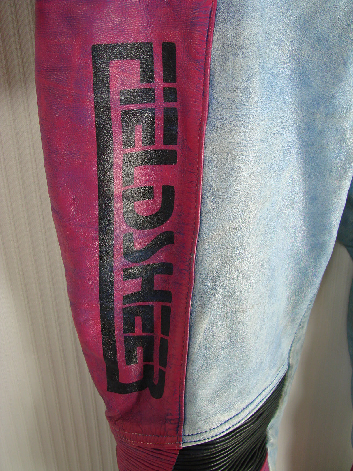 VINTAGE 80'S/90'S FIELDSHEER 2 PIECE BLUE & PURPLE LEATHER BIKER SUIT 42 INCH