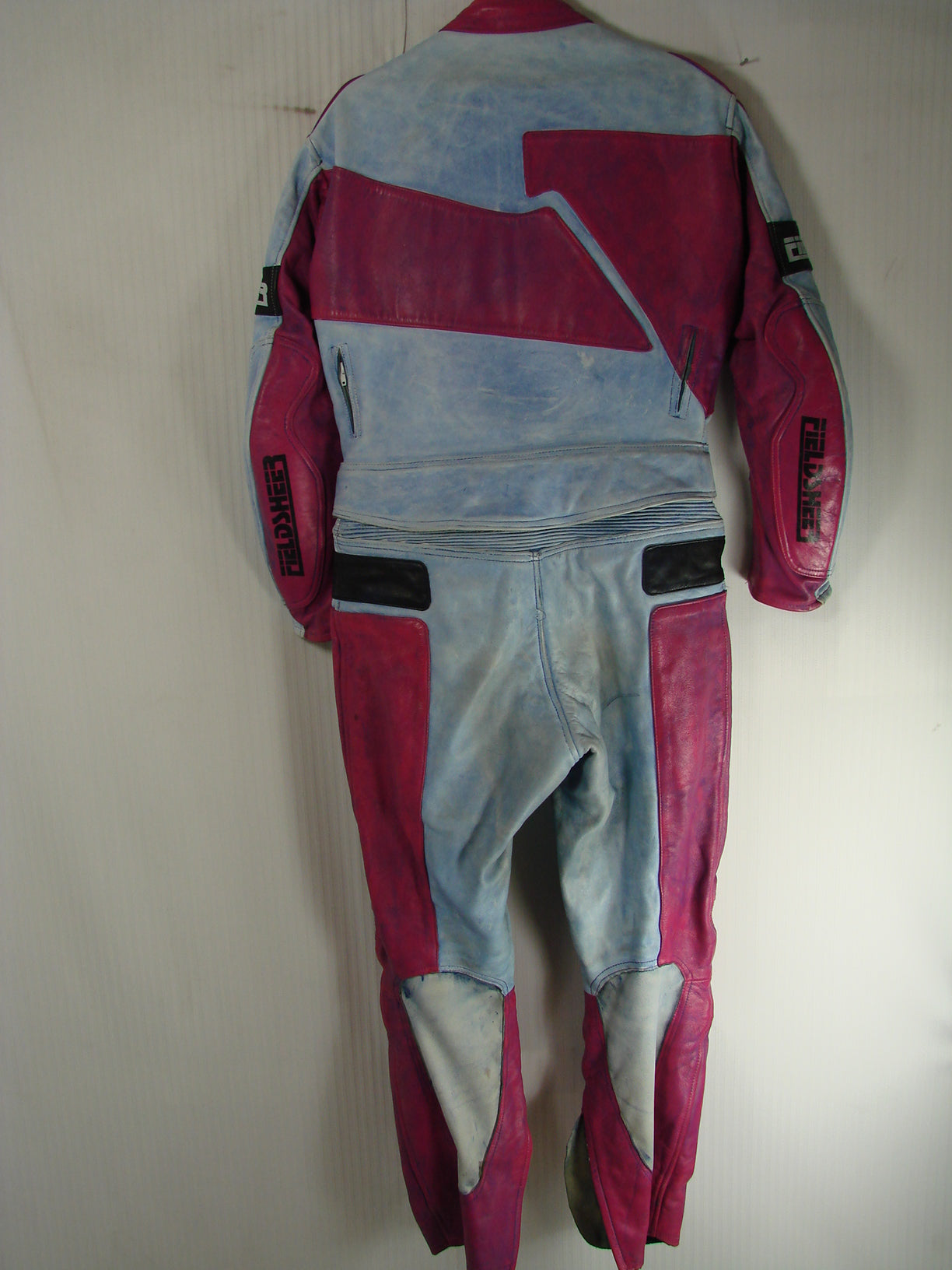 VINTAGE 80'S/90'S FIELDSHEER 2 PIECE BLUE & PURPLE LEATHER BIKER SUIT 42 INCH