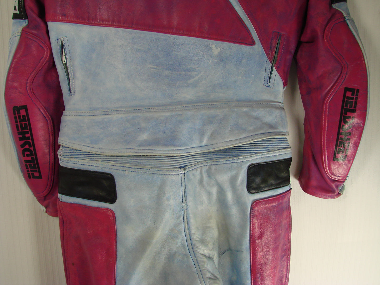 VINTAGE 80'S/90'S FIELDSHEER 2 PIECE BLUE & PURPLE LEATHER BIKER SUIT 42 INCH