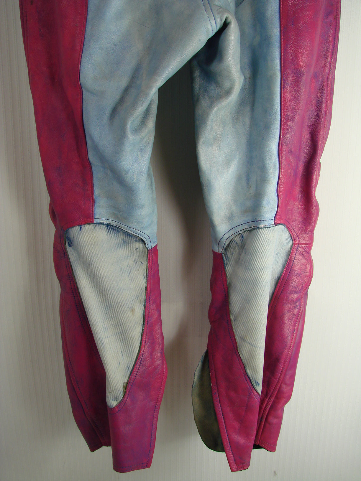 VINTAGE 80'S/90'S FIELDSHEER 2 PIECE BLUE & PURPLE LEATHER BIKER SUIT 42 INCH