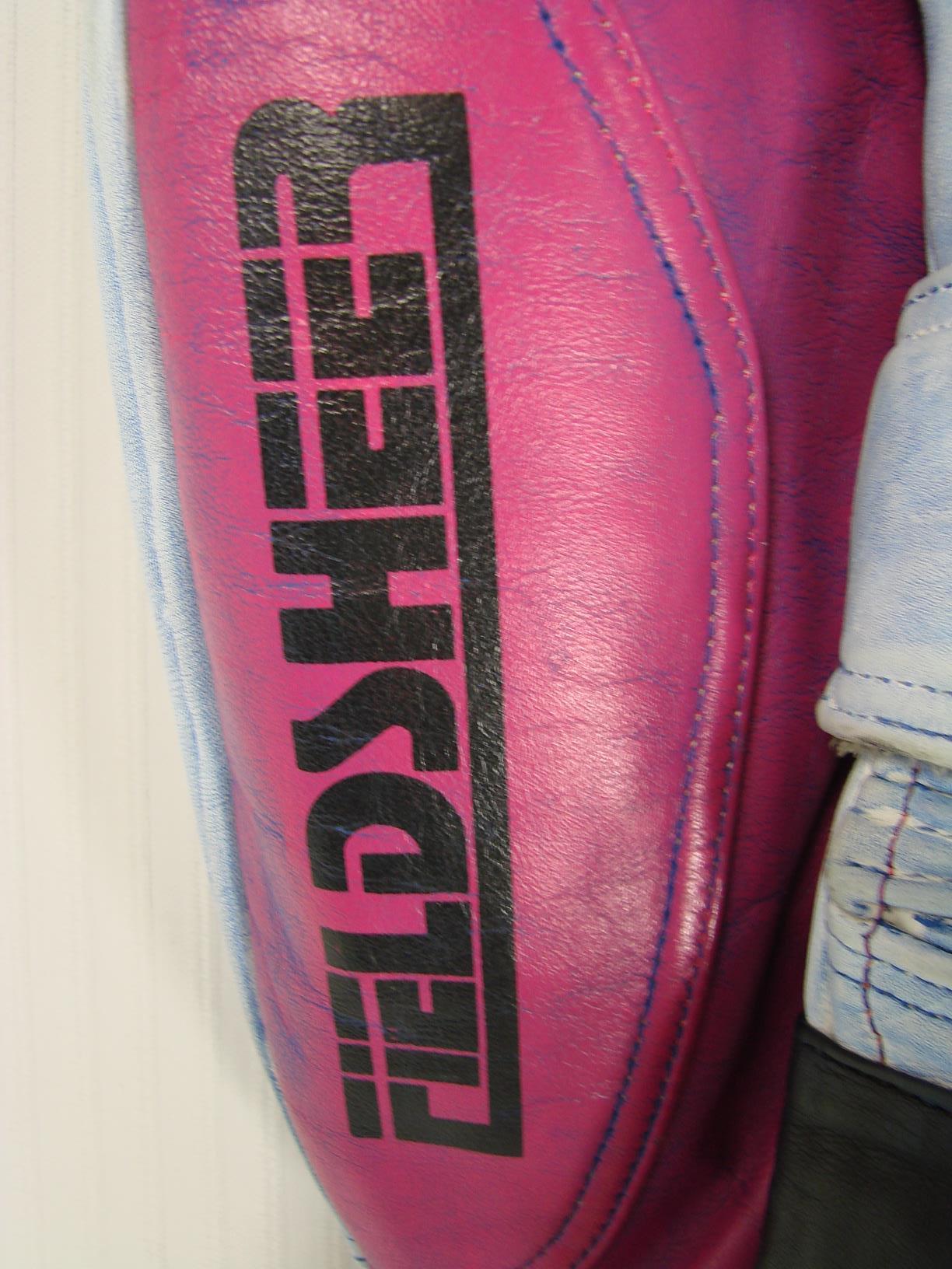 VINTAGE 80'S/90'S FIELDSHEER 2 PIECE BLUE & PURPLE LEATHER BIKER SUIT 42 INCH