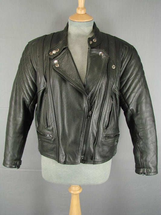 IMMACULATE CONDITION CLASSIC VINTAGE STYLE BLACK LEATHER BIKER JACKET SIZE 14