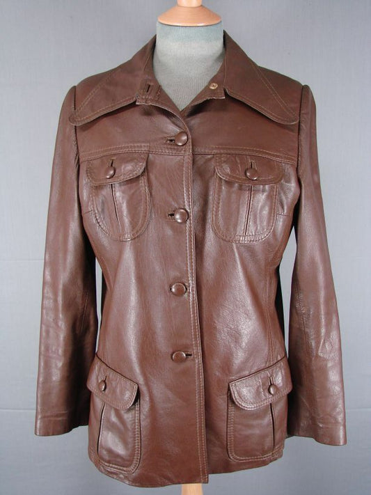 AMAZING QUALITY CLASSIC VINTAGE 1970s DARK BROWN LEATHER SAFARI JACKET - 36 INCH