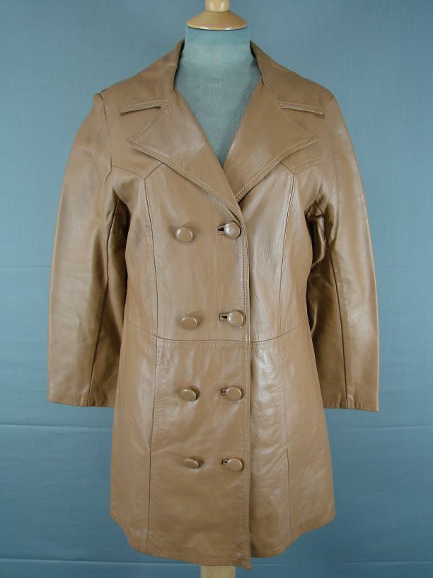 CLASSIC VINTAGE 70s JOHN PATERSON LIGHT BROWN LEATHER DOUBLE-BREASTED COAT 36 IN