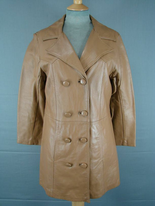 CLASSIC VINTAGE 70s JOHN PATERSON LIGHT BROWN LEATHER DOUBLE-BREASTED COAT 36 IN