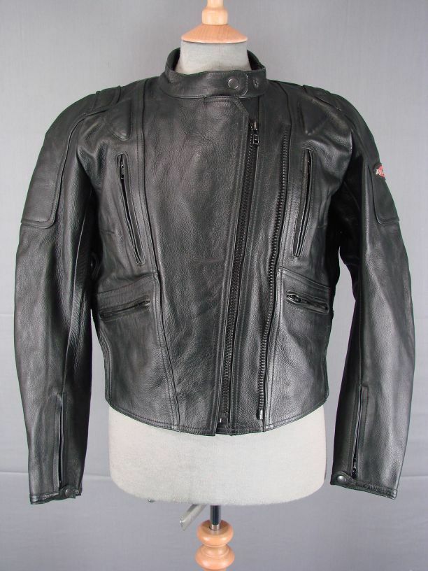 CLASSIC RIOSSI BLACK COWHIDE LEATHER BIKER JACKET WITH BACK PROTECTOR: SIZE 14