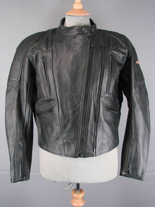 CLASSIC RIOSSI BLACK COWHIDE LEATHER BIKER JACKET WITH BACK PROTECTOR: SIZE 14