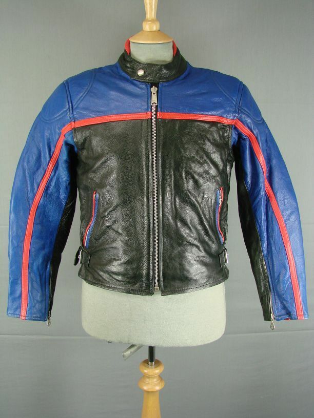 AMAZING VINTAGE BLACK, BLUE & RED CAFE RACER STYLE COWHIDE LEATHER BIKER JKT 36"