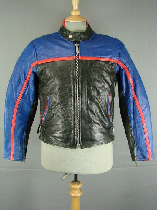 AMAZING VINTAGE BLACK, BLUE & RED CAFE RACER STYLE COWHIDE LEATHER BIKER JKT 36"