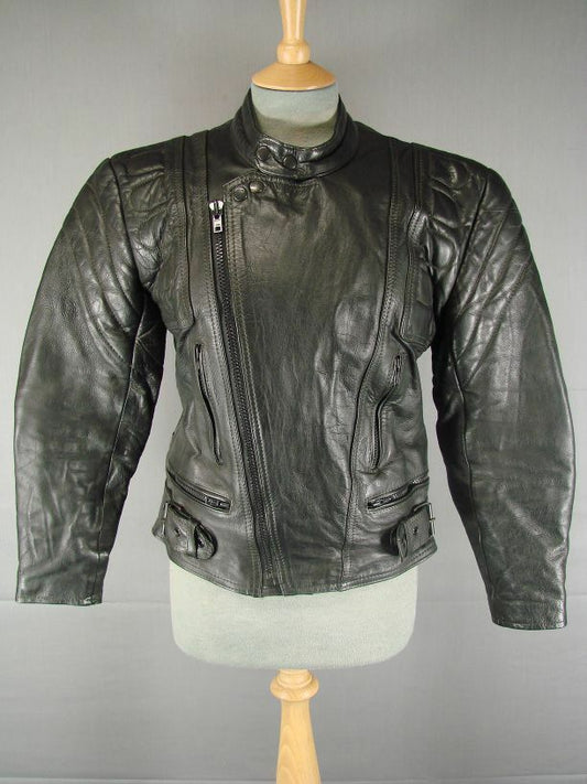 SUPERB QUALITY CLASSIC STONES MERCURY BLACK LEATHER BIKER JACKET 36 INCH