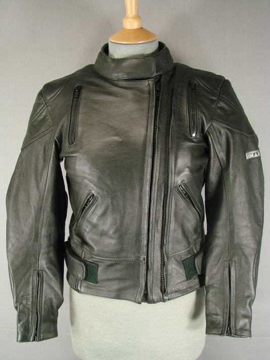 ASHMAN BLACK COWHIDE LEATHER BIKER JACKET + PROTECTORS & THERMAL LINING: SIZE 10