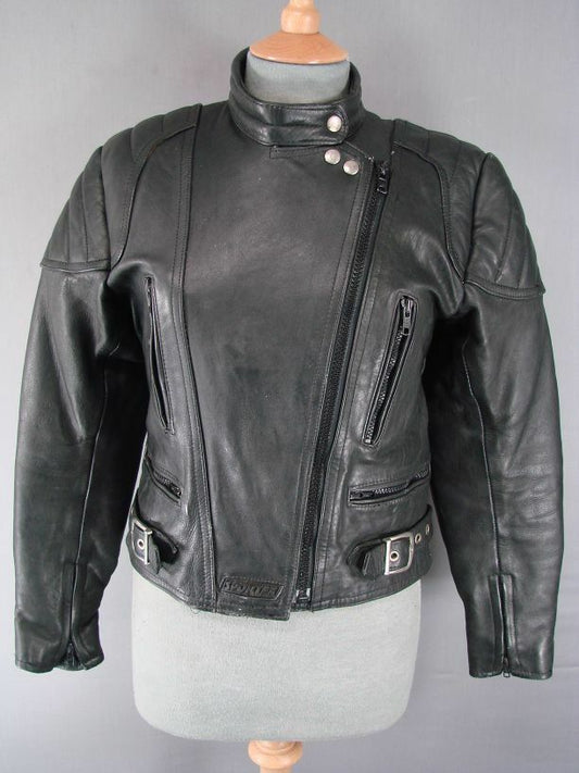 SUPERB QUALITY VINTAGE 1990's BLACK LEATHER SPORTEX A5 BIKER JACKET SIZE 12