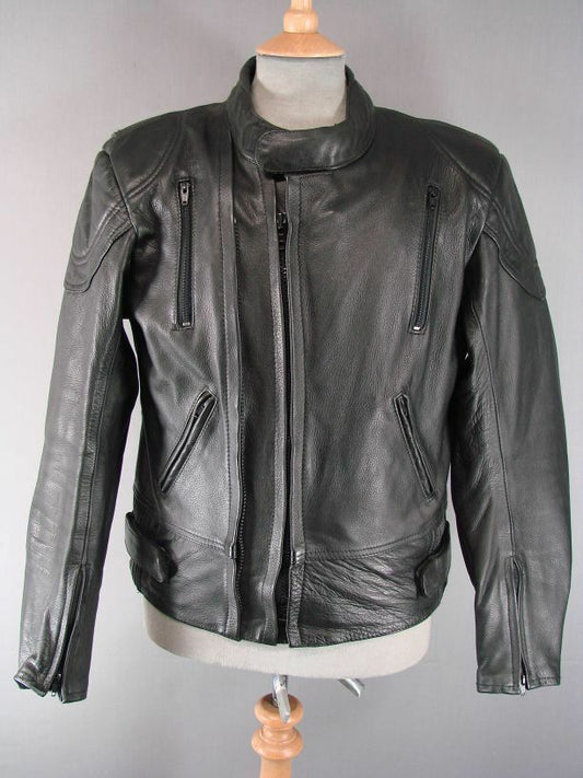 BLACK 'SKIN' COWHIDE LEATHER BIKER JKT 40" + REMOVABLE BACK PROTECTOR/2ND LINING