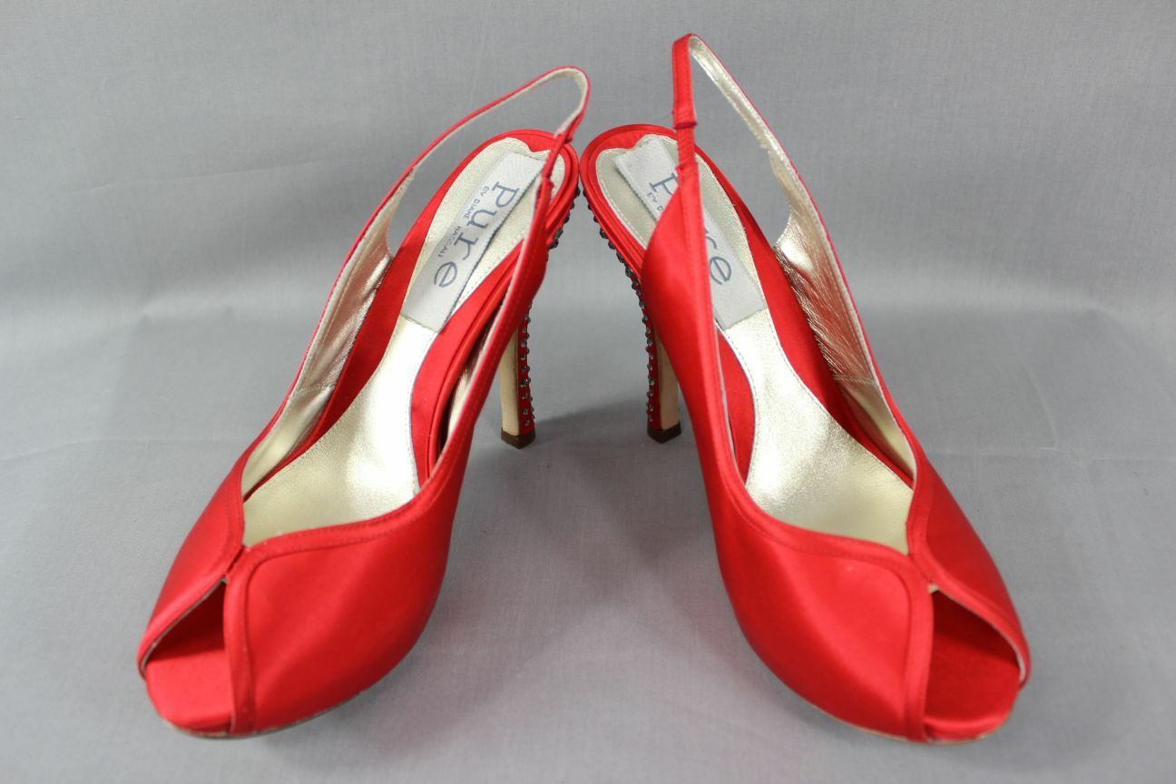 BNIB PURE BY DIANE HASSALL RED SILK DIAMONTE HEELED LEATHER SHOES: SIZES 2 - 6.5