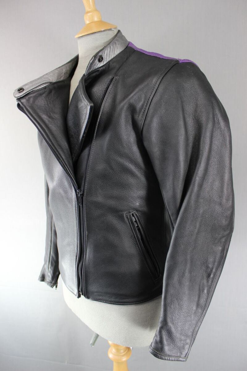 CLASSIC BLACK, SILVER, PURPLE AND GREEN LEATHER RETRO STYLE BIKER JACKET 38 INCH
