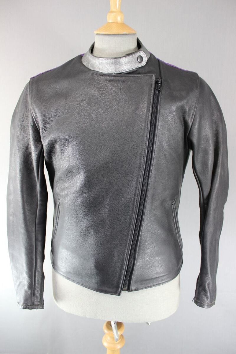 CLASSIC BLACK, SILVER, PURPLE AND GREEN LEATHER RETRO STYLE BIKER JACKET 38 INCH
