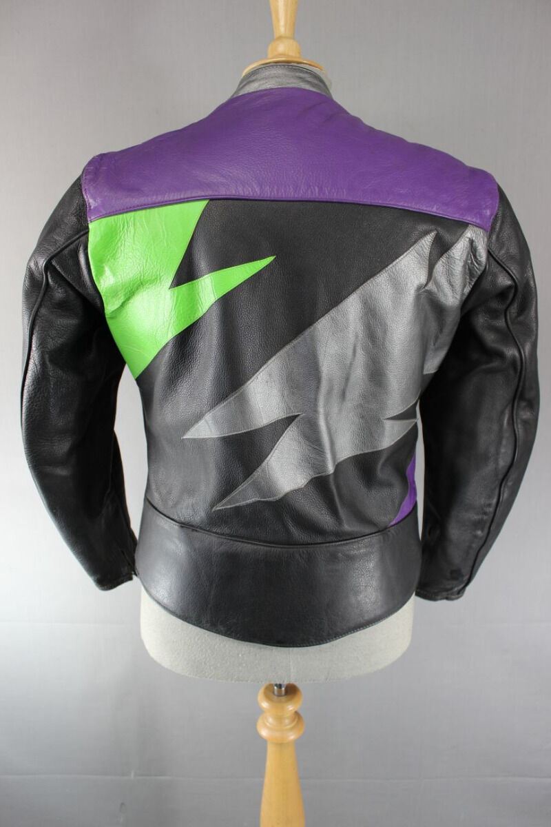 CLASSIC BLACK, SILVER, PURPLE AND GREEN LEATHER RETRO STYLE BIKER JACKET 38 INCH