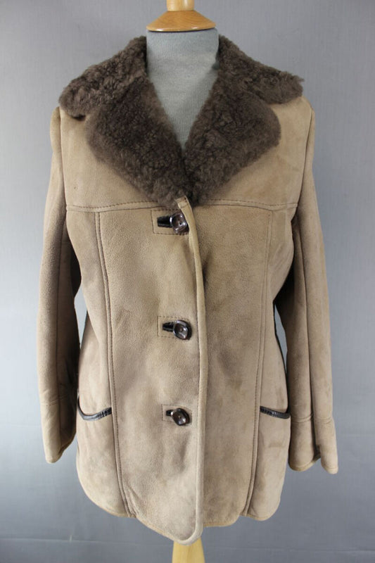 BRITISH MADE VINTAGE 70s BARRETTS BROWN SUEDE LEATHER SHEEPSKIN LINED COAT 36 IN