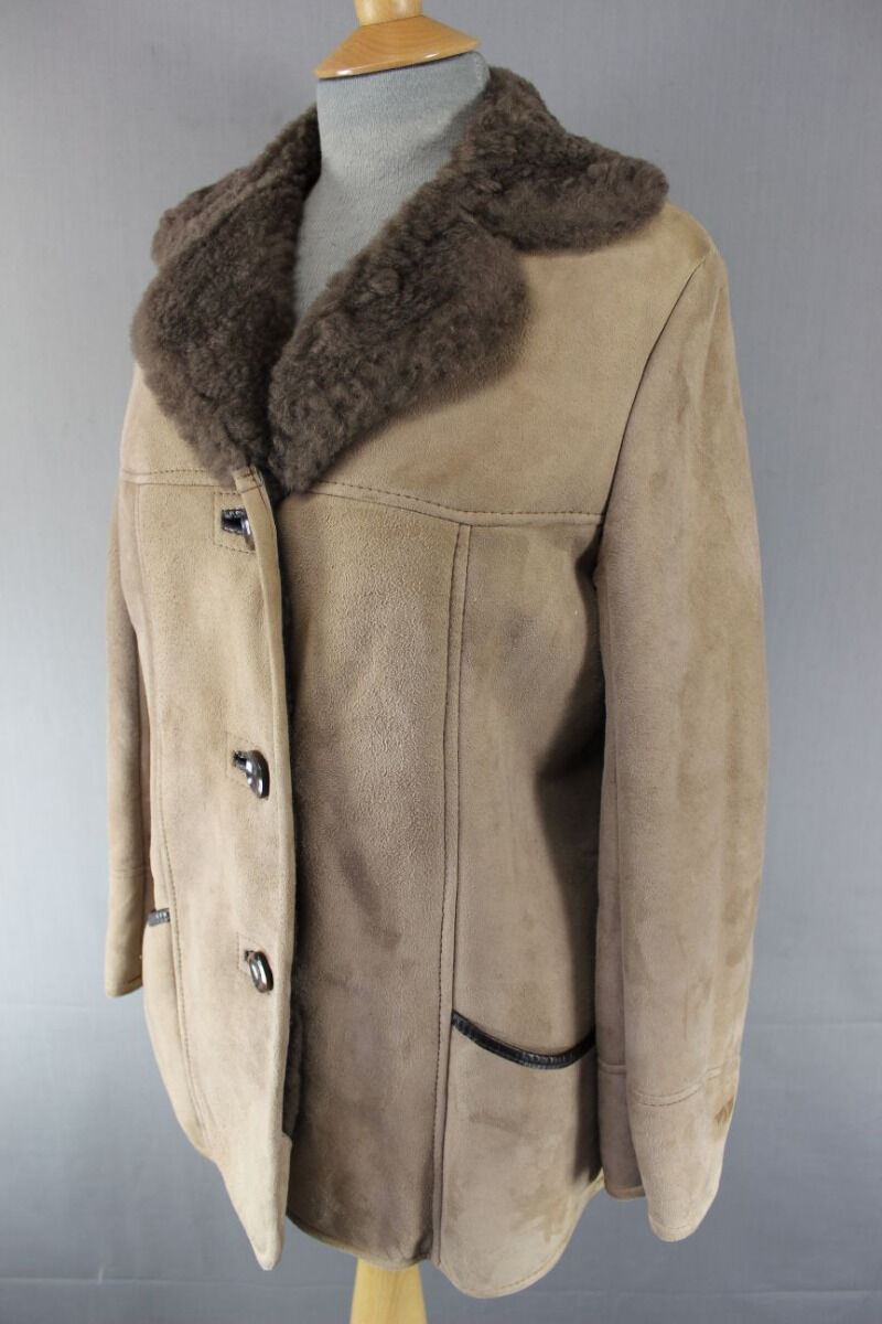 BRITISH MADE VINTAGE 70s BARRETTS BROWN SUEDE LEATHER SHEEPSKIN LINED COAT 36 IN