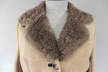 BRITISH MADE VINTAGE 70s BARRETTS BROWN SUEDE LEATHER SHEEPSKIN LINED COAT 36 IN