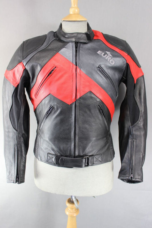 EURO STYLE LEATHER BIKER JACKET + REMOVABLE PROTECTORS & SECOND LINING SIZE 14