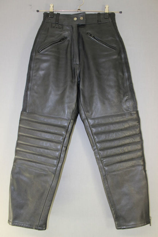 JTS BLACK LEATHER BIKER TROUSERS SIZE 12 - WAIST 26 INCHES/INSIDE LEG 26 INCHES