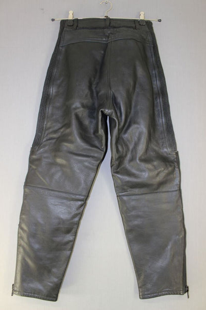 JTS BLACK LEATHER BIKER TROUSERS SIZE 12 - WAIST 26 INCHES/INSIDE LEG 26 INCHES