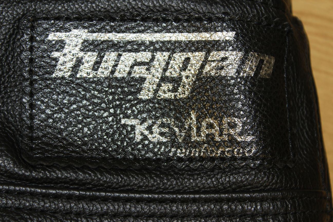FURYGAN LEATHER BIKER TROUSERS + CE KNEE PROTECTORS WAIST 28 IN/INSIDE LEG 28 IN