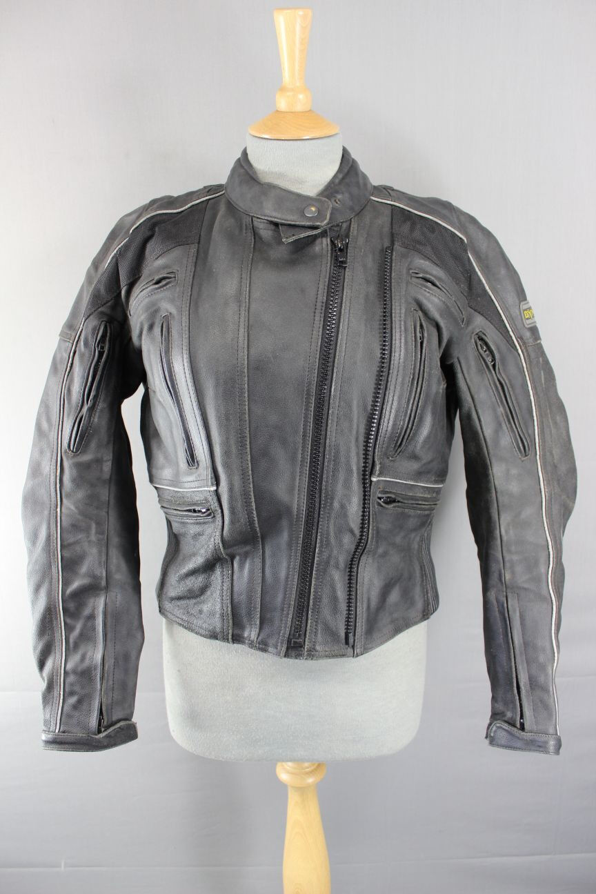 BLACK LEATHER DYNAMIC BIKER JACKET WITH BACK PROTECTOR & SECOND LINING SIZE 12