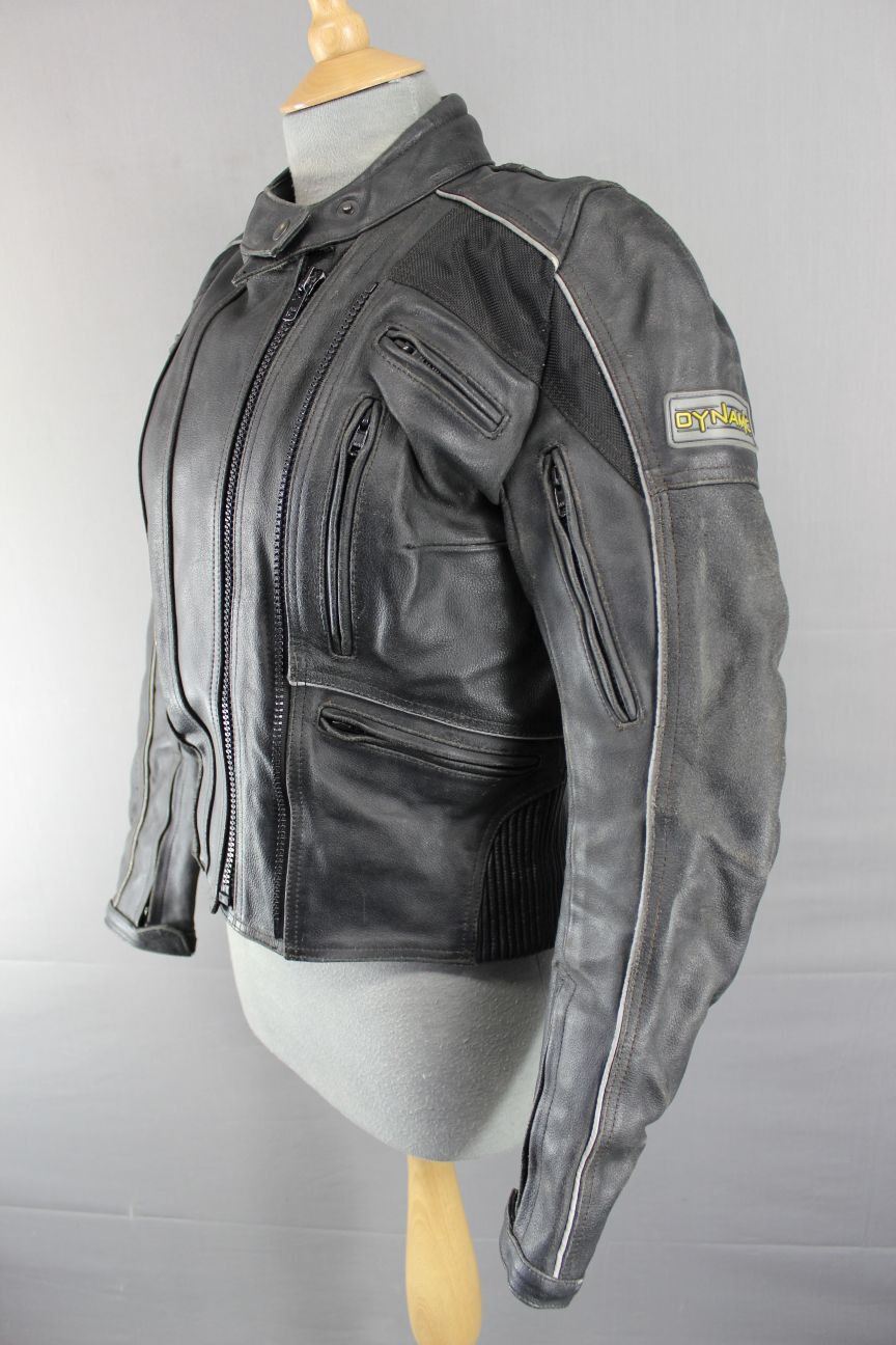 BLACK LEATHER DYNAMIC BIKER JACKET WITH BACK PROTECTOR & SECOND LINING SIZE 12