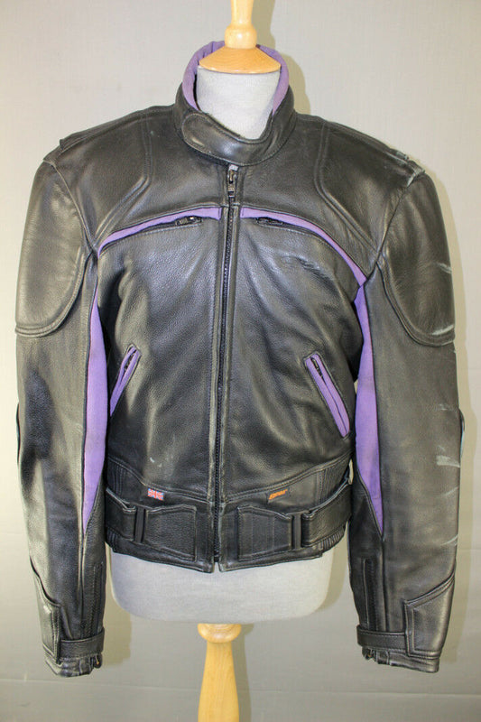 BRITISH MADE GEAR BLACK & PURPLE LEATHER BIKER JACKET WITH THERMAL LINING 42INCH
