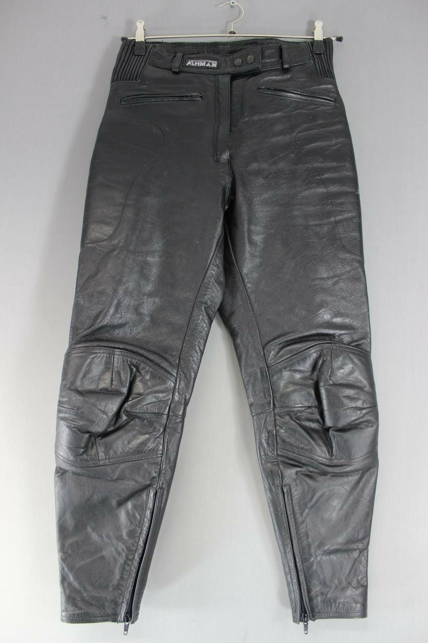 ASHMAN BLACK COWHIDE LEATHER BIKER TROUSERS SIZE 14: WAIST 30"/INSIDE LEG 27.5"