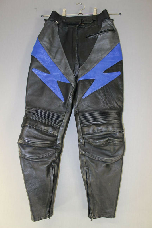 BLACK, BLUE & SILVER LEATHER BIKER TROUSERS SIZE 10: WAIST 28IN/INSIDE LEG 26IN