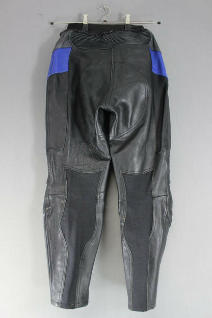BLACK, BLUE & SILVER LEATHER BIKER TROUSERS SIZE 10: WAIST 28IN/INSIDE LEG 26IN