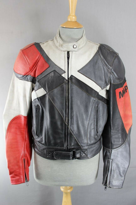 MQP BLACK, SILVER, GREY + RED LEATHER BIKER JACKET+REMOVABLE BACK PROTECTOR 40IN