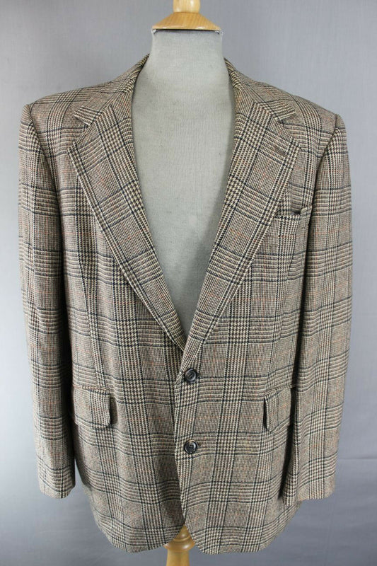 OSCAR JACOBSON VINTAGE 70's LIGHT BROWN CHECKED PURE LAMBSWOOL TWEED JACKET 42IN