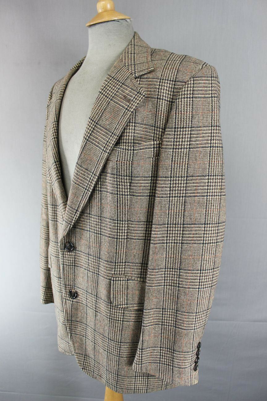 OSCAR JACOBSON VINTAGE 70's LIGHT BROWN CHECKED PURE LAMBSWOOL TWEED JACKET 42IN