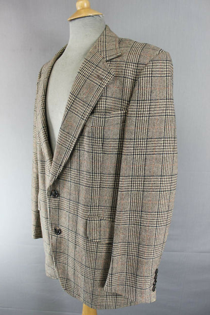 OSCAR JACOBSON VINTAGE 70's LIGHT BROWN CHECKED PURE LAMBSWOOL TWEED JACKET 42IN