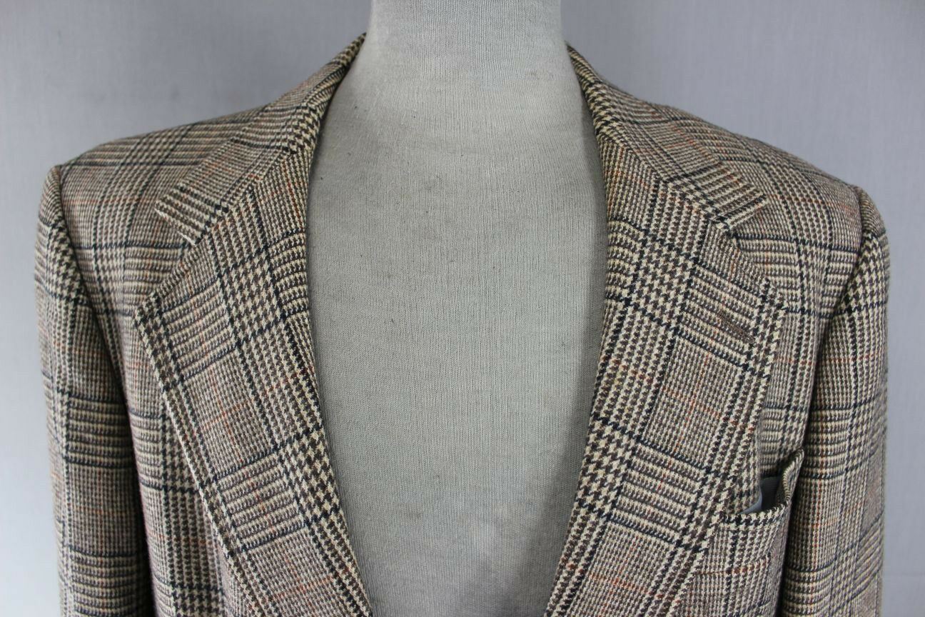 OSCAR JACOBSON VINTAGE 70's LIGHT BROWN CHECKED PURE LAMBSWOOL TWEED JACKET 42IN