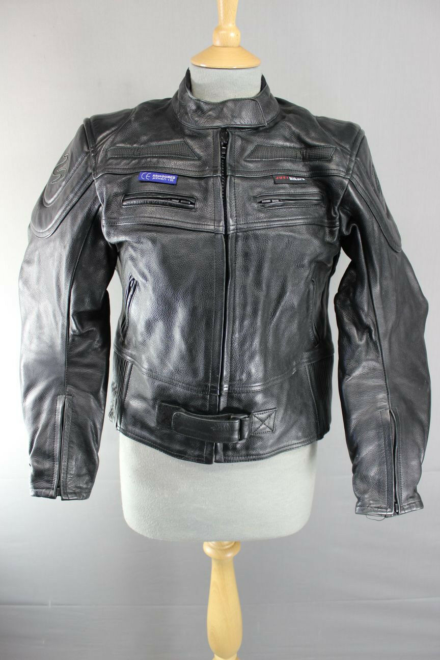 JUST BIKERS BLACK LEATHER BIKER JACKET+BACK, SHOULDER & ELBOW CE ARMOUR: SIZE 12