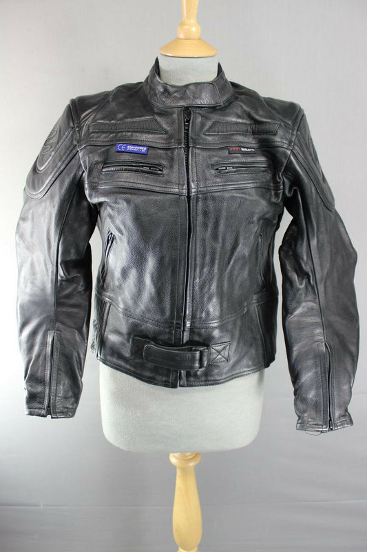 JUST BIKERS BLACK LEATHER BIKER JACKET+BACK, SHOULDER & ELBOW CE ARMOUR: SIZE 12