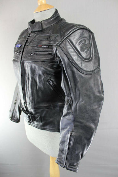 JUST BIKERS BLACK LEATHER BIKER JACKET+BACK, SHOULDER & ELBOW CE ARMOUR: SIZE 12