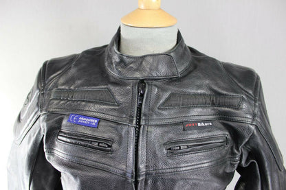 JUST BIKERS BLACK LEATHER BIKER JACKET+BACK, SHOULDER & ELBOW CE ARMOUR: SIZE 12