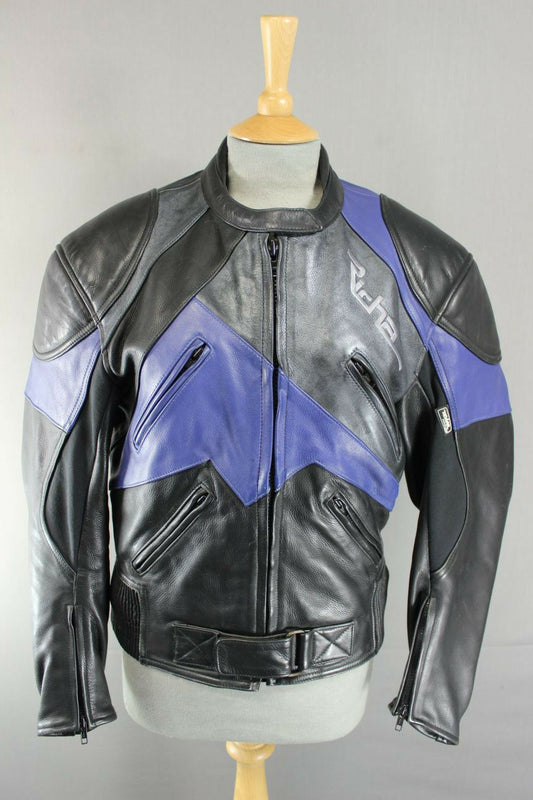 RICHA BLACK, BLUE & SILVER LEATHER BIKER JACKET + QUILTED THERMAL LINING SIZE 12