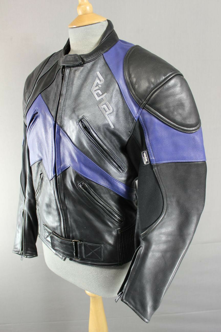 RICHA BLACK, BLUE & SILVER LEATHER BIKER JACKET + QUILTED THERMAL LINING SIZE 12