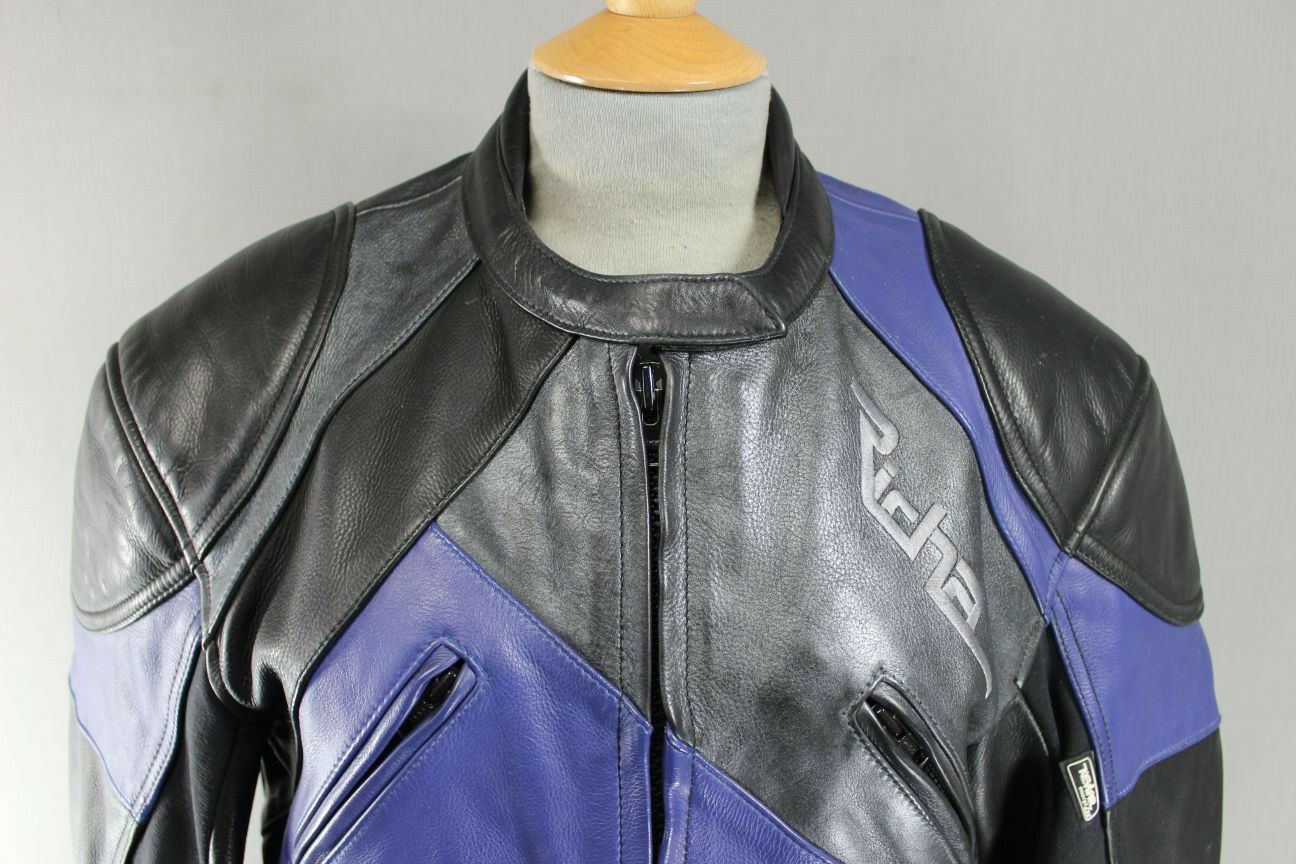 RICHA BLACK, BLUE & SILVER LEATHER BIKER JACKET + QUILTED THERMAL LINING SIZE 12