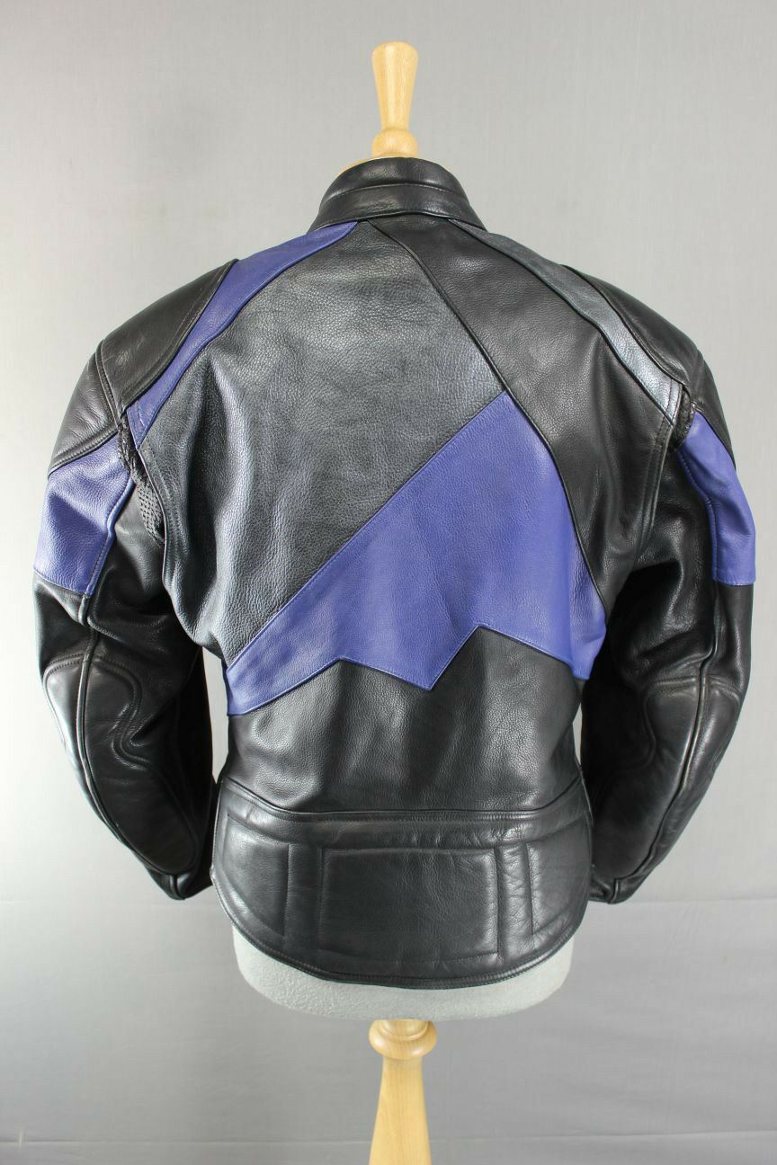 RICHA BLACK, BLUE & SILVER LEATHER BIKER JACKET + QUILTED THERMAL LINING SIZE 12