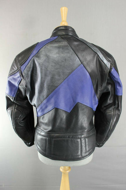 RICHA BLACK, BLUE & SILVER LEATHER BIKER JACKET + QUILTED THERMAL LINING SIZE 12